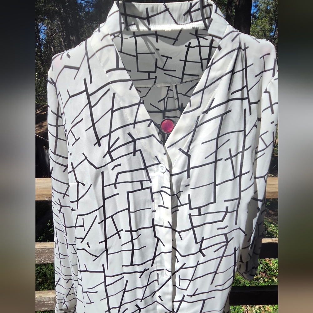 Zara White Black Printed Button-Down Blouse SzL NWOT - Picture 5 of 10